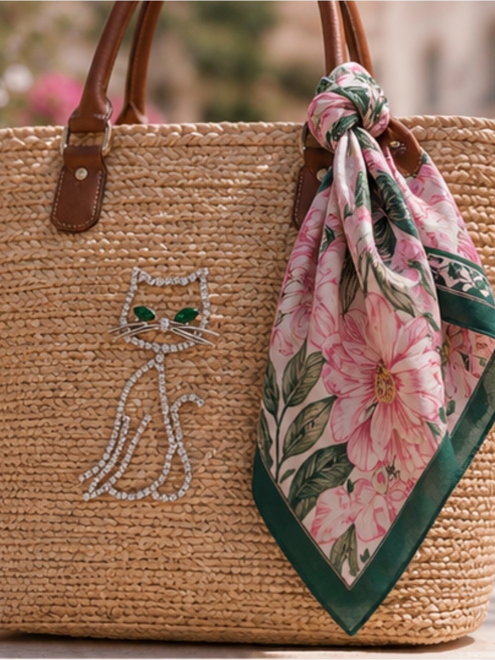 V I N T A G E • Rhinestone and Emerald Green Stone Cute Cat Brooch